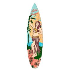 a wooden surfboard with a woman holding a flower in her right hand and palm trees on the other side