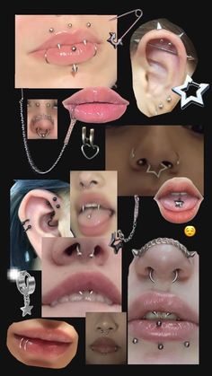 various images of different types of piercings on the side of her mouth and nose