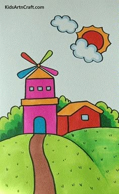 a drawing of a house and windmill on a hill