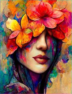 a woman's face with flowers in her hair and the image is made up of colorful