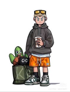 a drawing of a boy with glasses holding a cup and some toys in front of him