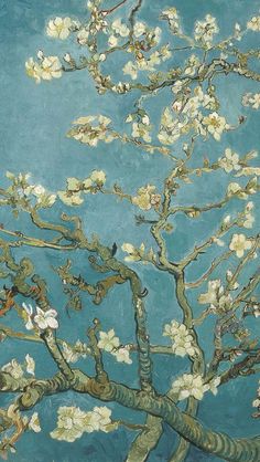 the branches of an almond tree with white flowers against a blue background, painted in oil on canvas