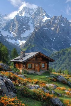 a cabin in the mountains with flowers and rocks