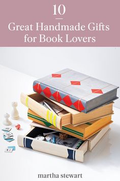 books stacked on top of each other with the title 10 great handmade gifts for book lovers