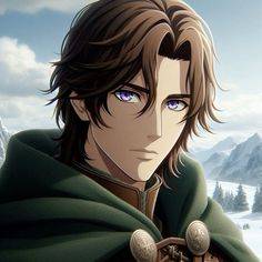 an anime character with blue eyes wearing a green cape and standing in front of snow covered mountains