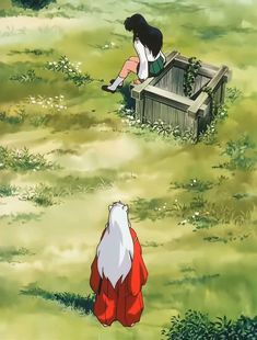 two anime characters sitting in the grass with one looking up at another person who is holding a cell phone