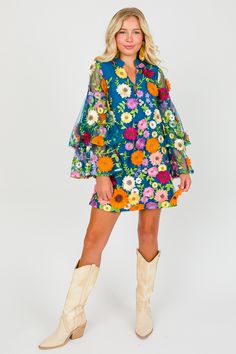 Gayle Buckingham Dress - New Arrivals - The Blue Door Boutique Funky Dresses Unique, Party Dresses With Floral Print And Bell Sleeves, Spring Bell Sleeve Floral Print Dress, Spring Floral Print Dress With Bell Sleeves, Spring Floral Print Bell Sleeve Dresses, Spring Dress With Sheer Bell Sleeves, Spring Floral Print Mini Dress With Bell Sleeves, Spring Mini Dress With Floral Print And Bell Sleeves, Whimsical Dress Casual