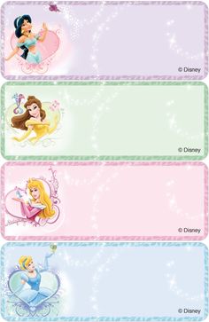 four disney princess name tags with the names of each character and their respective characters on them