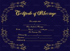 a certificate for marriage with gold leaves and branches on a dark blue background, in the shape of a wreath