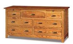 a wooden dresser with many drawers on it's front and back sides, including the top drawer