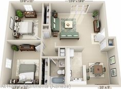 the floor plan for a two bedroom apartment with an attached bathroom and living room area