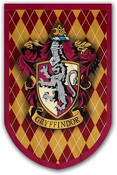 a red and yellow shield with the crest of a hogwarts house on it