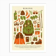 a poster with hiking items on it and the words hiking written in large, bold letters