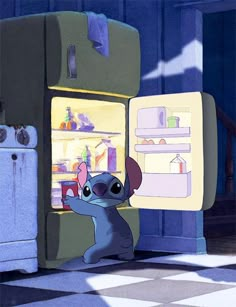 the stitchy mouse is looking into an open refrigerator in disney's animated movie