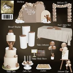 an assortment of items for a baby's first birthday party including cake, balloons and decorations