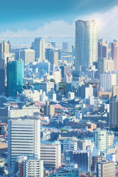 an aerial view of a city with tall buildings and skyscrapers in the foreground