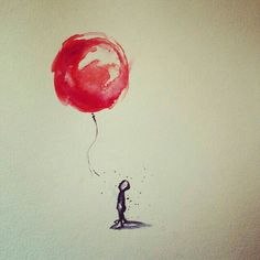 a drawing of a person holding a red balloon