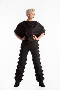 "Futuristic Pants, Avant Garde Pants, Geometric Clothes ◈ These pants are made from multiple cotton pieces with edges and sharp angles inspired by the Japanese Dzen temples. Featuring low waist and back zipper closure. Very comfy and fits any body shape. Wear with simple MQM tops, shirts, jackets, tunics or sweaters. Match them with sneakers or boots. Made from elastic cotton and fit perfectly giving you and amazing industrial look and style. Made in Europe. WEAR IT WITH ATTITUDE... ◈ We offer c Geometric Clothes, Futuristic Pants, Avant Garde Pants, Steampunk Pants, Deconstruction Fashion, Gothic Blouse, Outfit References, Batwing Top, Street Look