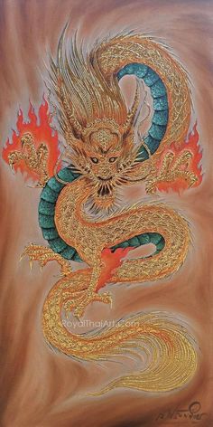 a painting of a gold and blue dragon on a brown background with fire coming out of its mouth