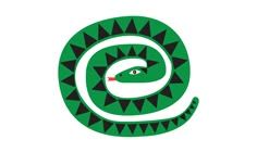 a green snake with black and white spikes on it's head, in the shape of a letter g