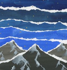 a painting of mountains with stars in the sky