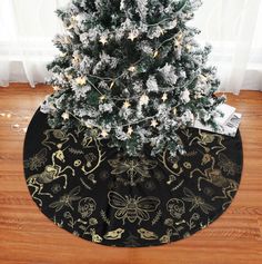 a christmas tree skirt on the floor in front of a window