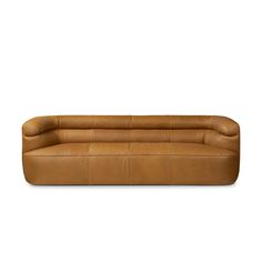 a brown leather couch with two arms and one arm extended to the side, on a white background