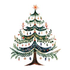 a watercolor christmas tree with ornaments on the top and green leaves around it, painted by hand