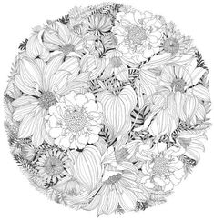 a black and white drawing of flowers in a circle