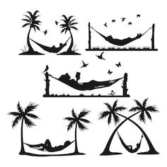 the silhouettes of hammocks and palm trees are shown in black on white