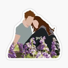 a man and woman are sitting in the grass with purple flowers sticker on it