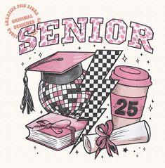 a drawing of a graduation cap, book, and coffee cup with the words senior on it