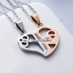 A 2-Piece Necklace Set Of Two Half Heart Pieces. For You And Your Significant Other. Stainless Steel, Hypoallergenic, Nickel Free. Pendant Is About 1.5” Tall. Color: Silver And Rose Gold Tags # Love You, Bf Gf Necklaces, Set, Pair, Joint, Lock, Valentines, Vday, Present, Gift, Anniversary, Jewel, Crystal, Rhinestone, Chain, Metal, His Hers, Mr Mrs, Husband Wife, Boyfriend Girlfriend, Mens, Womens, Teens, Unisex, Gender Neutral, Charm, Adjustable, Matching Matching Necklaces For Couples Gold, Couples Necklaces, Matching Jewelry For Couples, Matching Necklaces For Couples, Cork Necklace, Half Heart, Couple Stuff, Necklaces Set, Wife Necklace