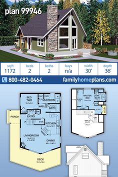 the floor plan for this small cabin home is shown in two different colors and sizes