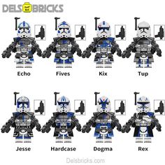 six different legos are shown with the names of each character and their respective characters