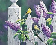 a painting of two birds sitting on a fence next to purple flowers and lilacs