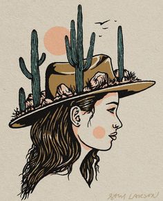 a drawing of a woman wearing a hat with cacti on it