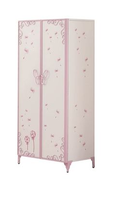 a pink and white armoire with butterflies on the front, sitting against a white background