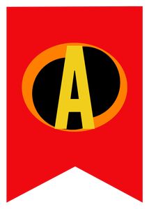 a red banner with the letter a on it, and an image of a yellow arrow