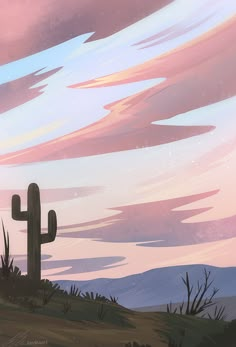 a desert scene with cactus trees and clouds