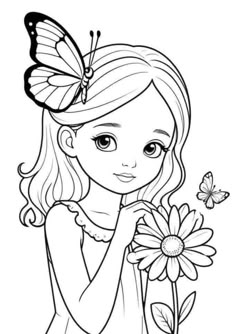 a girl with a butterfly on her head holding a flower