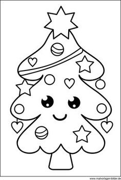 a christmas tree with hearts and stars on it, in black and white coloring pages