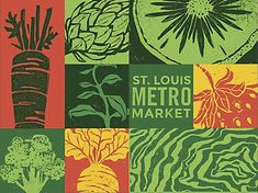 the st louis metro market poster shows vegetables and fruits in green, red, yellow, and orange colors