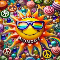 the sun with sunglasses and peace signs on it is surrounded by colorful candy candies