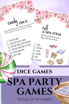 two spa party games with pink flowers on them