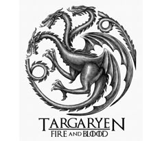 a black and white drawing of a dragon with the words targaryn fire and blood