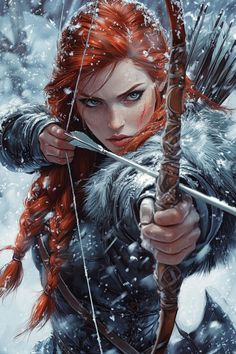 a woman with red hair holding a bow and arrow in the snow while wearing winter clothes