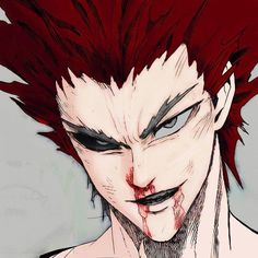 an anime character with red hair and blood on his face