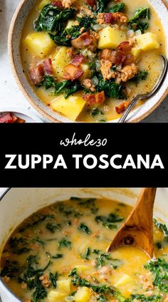 two pictures with different types of food in them and the words zupa toscana