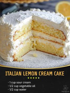 a close up of a slice of cake on a plate with the words italian lemon cream cake